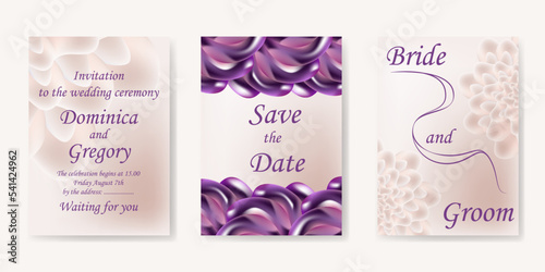 Set of templates for invitations, cards and covers in delicate pastel and purple colors. Vector image of abstract flowers, eps