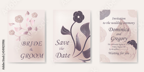 Vector image of flowers silhouettes. Set of templates for invitations, cards and covers in delicate pastel and burgundy colors, eps