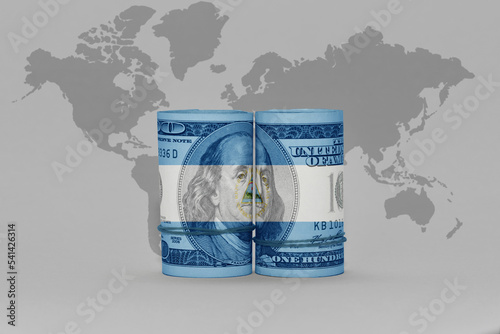 national flag of nicaragua on the dollar money banknote on the world map background .3d illustration