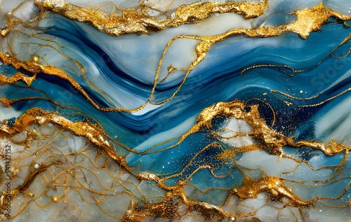 Abstract luxury marble and turquoise stone interlaced with veins of gold background. Digital art marbling texture. Blue, gold and white colors. 3d illustration, Digital Painting