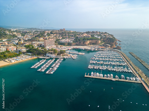 Sant Feliu de Guíxols on the Costa Brava of Gerona tourist beach turquoise Mediterranean sea panoramic view aerial view