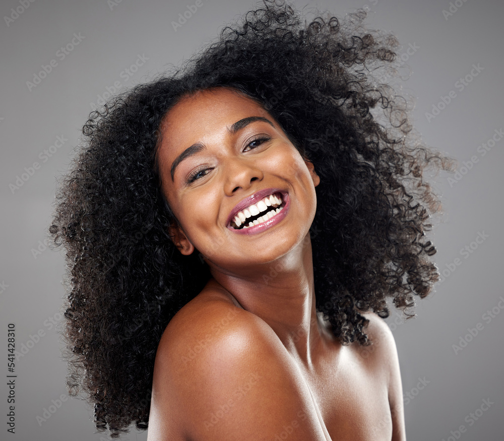 Black woman, smile and hair for face, makeup and happy with beauty, afro  and cosmetics in