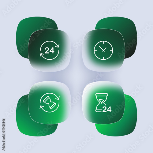 Clocks set icon. 24, hour, watch, timepiece, hand, hourglass, around the clock, schedule, plan, planning alarm, appointment. Time management concept. Glassmorphism style. Vector line icon for Business