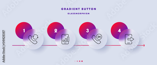 Business contacts set icon. Landline phone, circular arrow, mobile connection, 24 7, around the clock, outgoing, call centre. Communication concept. Glassmorphism style. Vector line icon