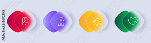 Dating app set icon. Hearts, like buttons, couple, love, feelings, communication, laptop, finger, phone. Long distance relationships concept. Glassmorphism style. Vector line icon for Business