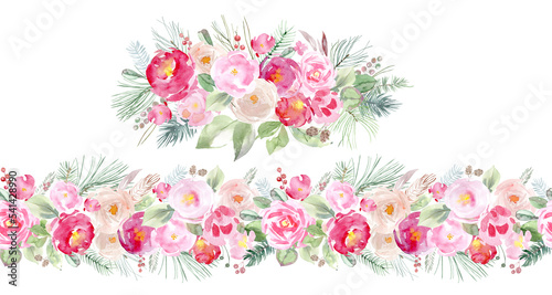 Watercolor bouquets of roses, leaves, branches. Pink roses art. Floral bouquets, frames and wreaths. Geometric metal frames with flowers. Set of roses for cards, scrapbooking, invitations, 