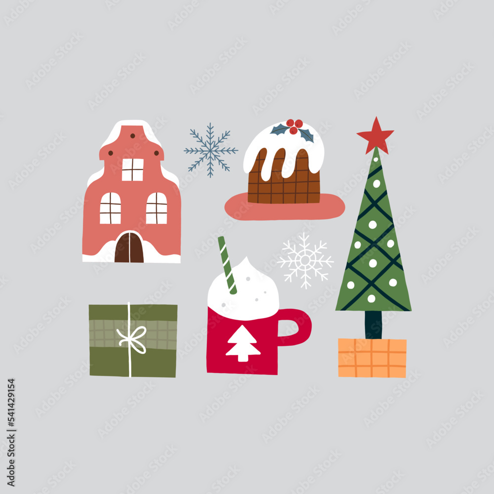 Festive composition with New Year objects. All elements are isolated on the background. Festive composition with New Year objects. All elements are isolated on the background.
