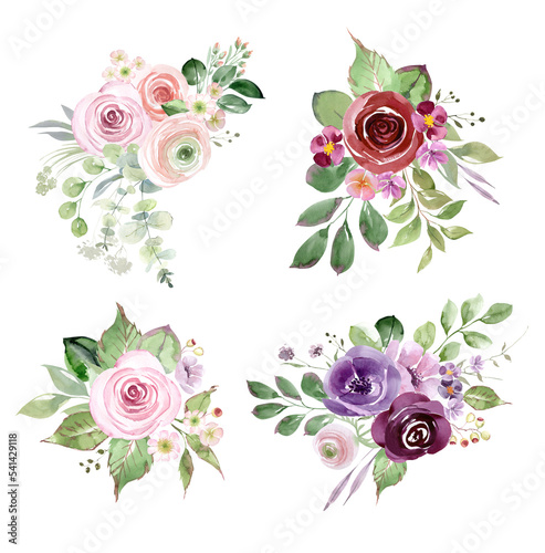 Watercolor bouquets of roses  leaves  branches. Pink roses art. Floral bouquets  frames and wreaths. Geometric metal frames with flowers. Set of roses for cards  scrapbooking  invitations  