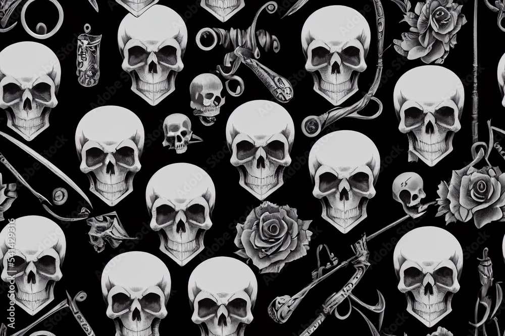 Seamless pattern on tattoo theme with a skull, mask, tattoo machine, and other elements tattoo. Ideal for printing for fabric, wall decoration, and many other uses