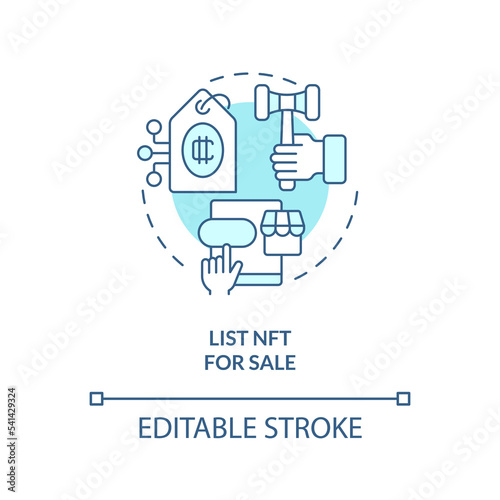 List NFT for sale turquoise concept icon. Specify details. Artwork minting process abstract idea thin line illustration. Isolated outline drawing. Editable stroke. Arial, Myriad Pro-Bold fonts used