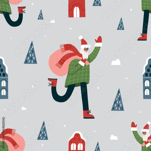 Seamless Christmas pattern with running Santa Claus. Festive winter wallpaper...
