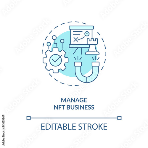 Manage NFT business turquoise concept icon. Patrons engagement. Minting process abstract idea thin line illustration. Isolated outline drawing. Editable stroke. Arial, Myriad Pro-Bold fonts used