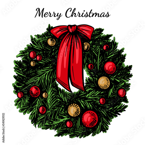 Festive illustration of a Christmas fir tree wreath with a bow and New Year's toys. Bright hand drawing.