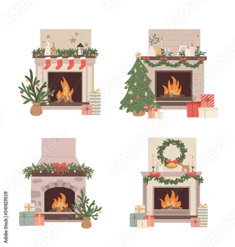 Collection of Christmas fireplace with decoration, tree and gifts. Home holiday decor flat vector illustrations. Happy New year. Pine branch, candles, wreath.