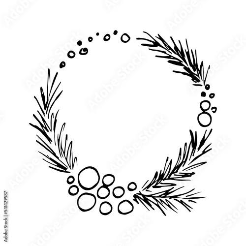 Simple vector drawing in black outline. Christmas wreath, round frame of coniferous branches, berries and snow. For New Year's design, labels, postcards. Ink sketch.