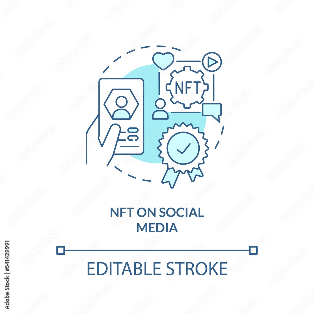 NFT on social media turquoise concept icon. Digital artefact. Promising virtual trend abstract idea thin line illustration. Isolated outline drawing. Editable stroke. Arial, Myriad Pro-Bold fonts used