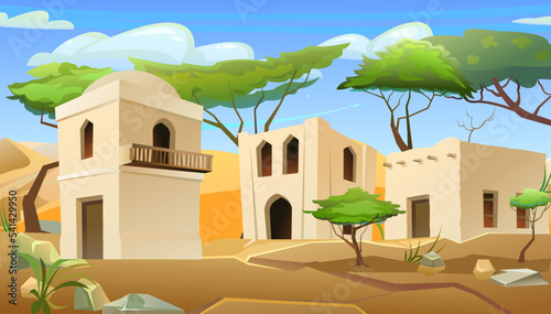 Arab clay hut. In sandy desert. Middle Eastern adobe dwelling. Africa and Asia traditional house. Vector.