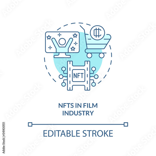 NFTs in film industry turquoise concept icon. TV and film projects. Promising trend abstract idea thin line illustration. Isolated outline drawing. Editable stroke. Arial, Myriad Pro-Bold fonts used