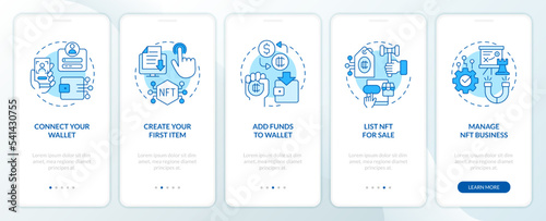 NFTs minting process blue onboarding mobile app screen. Technology walkthrough 5 steps editable graphic instructions with linear concepts. UI, UX, GUI template. Myriad Pro-Bold, Regular fonts used
