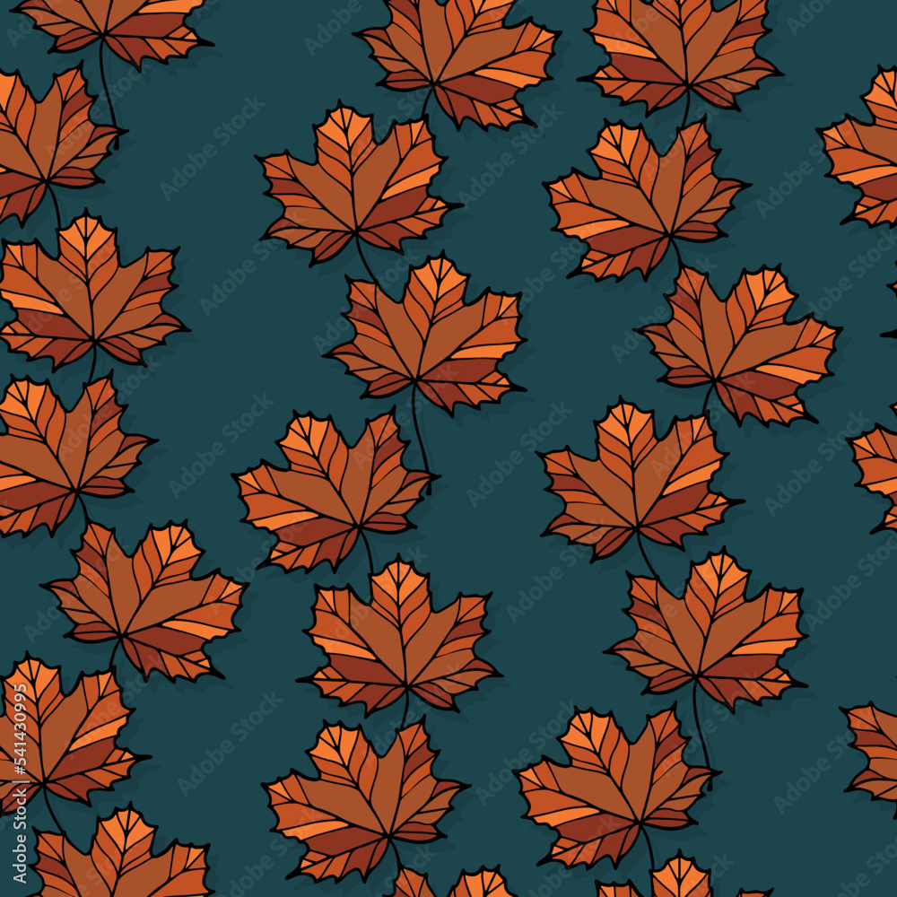 Fall Autumn Doodle Orange Maple Leaves linear colorful vector seasonal seamless pattern isolated on dark background