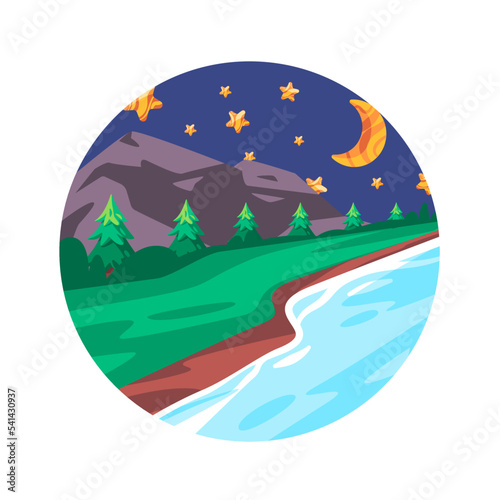 River banks in mountain forest with sky night full of stars illustration in cartoon circle