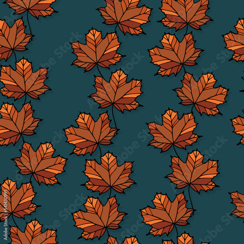 Obraz na płótnie Fall Autumn Doodle Orange Maple Leaves linear colorful vector seasonal seamless pattern isolated on dark background w salonie