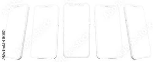 Stylized white Smartphone mockup isolated with transparent screen png in different viewing angles	
