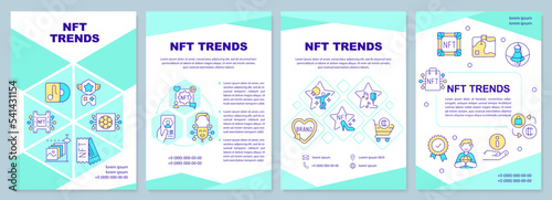 NFT trends mint brochure template. Blockchain network. Leaflet design with linear icons. Editable 4 vector layouts for presentation, annual reports. Arial-Black, Myriad Pro-Regular fonts used