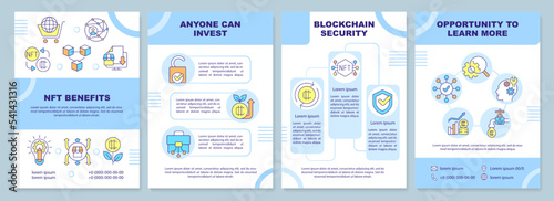 NFT benefits blue brochure template. Crypto advantages. Leaflet design with linear icons. Editable 4 vector layouts for presentation, annual reports. Arial-Black, Myriad Pro-Regular fonts used