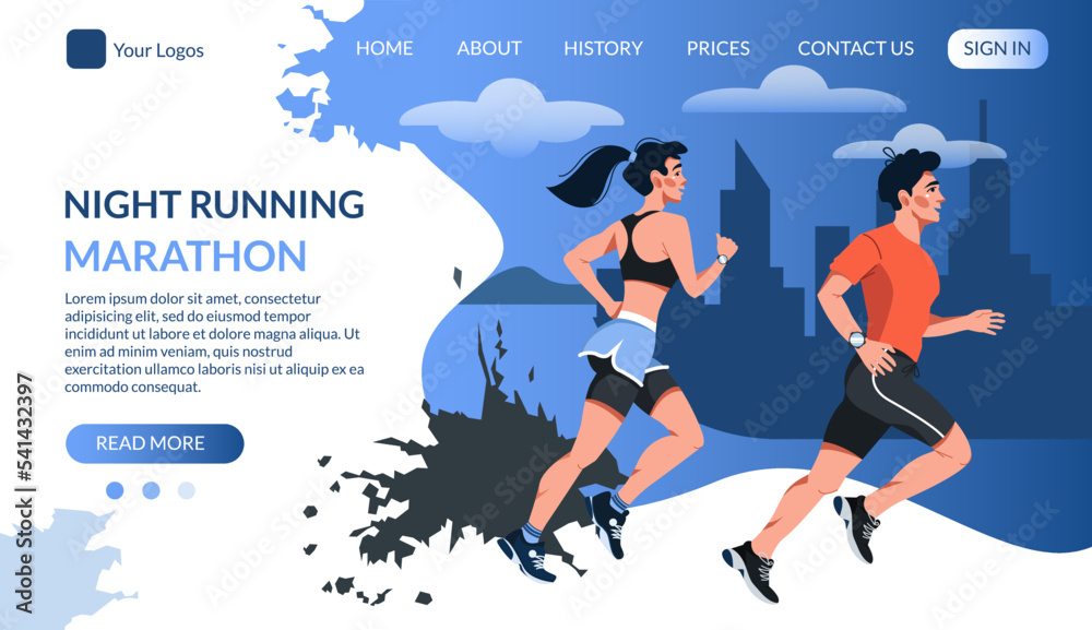 Running landing page template. A man and a woman run a marathon through the night city. Running competitions. Vector illustration in a flat style. Sports design Running landing page template. A man and a woman run a marathon through the night city. Running competitions. Vector illustration in a flat style. Sports design