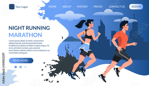Running landing page template. A man and a woman run a marathon through the night city. Running competitions. Vector illustration in a flat style. Sports design