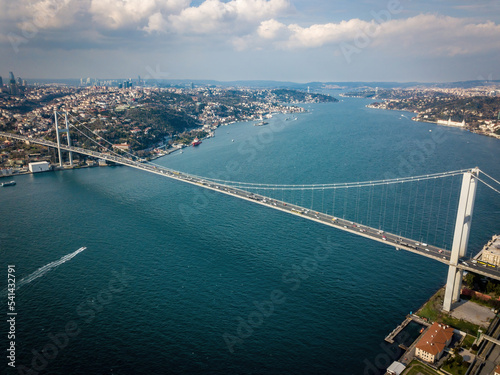 Fantactic aerial views of Istanbul Bosphorus bridge (15 July Martyrs Bridge) (aerial drone photo). Istanbul, Turkey