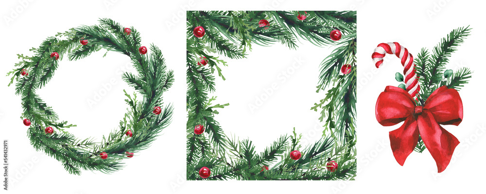 A wreath of Christmas tree branches with a red - Stock Illustration  [108474271] - PIXTA