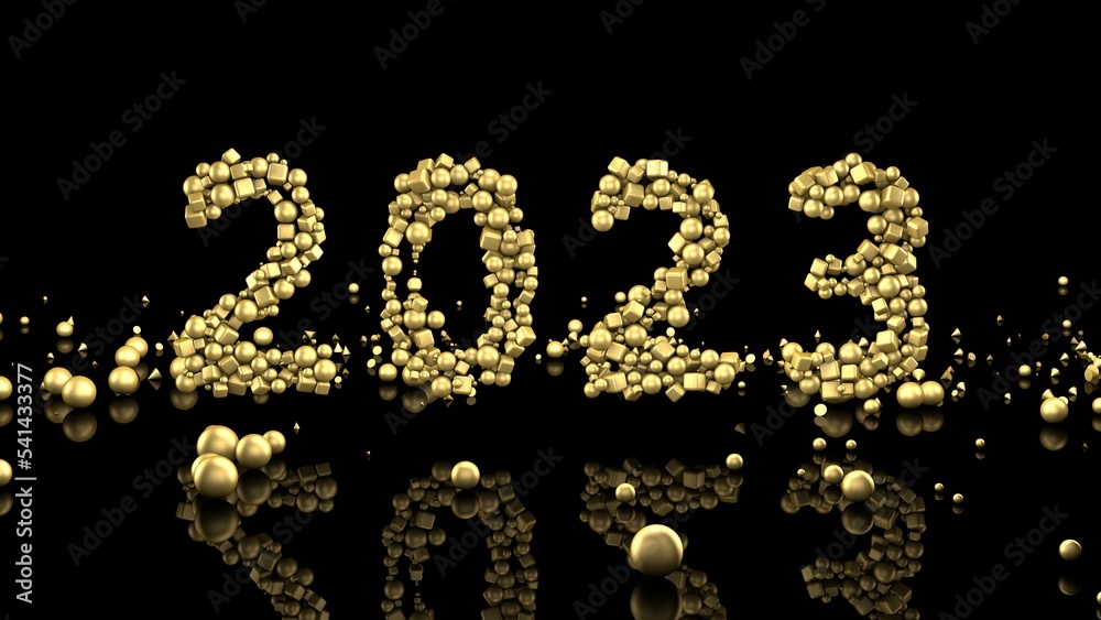 3D render, New Year 2023 with golden geometric shapes on a black background. Christmas background. 3D render, New Year 2023 with golden geometric shapes on a black background. Christmas background.