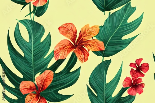 Tropical exotic seamless pattern with woman  monstera  hibiscus  bromeliad  banana leaves  palm  colocasia. Hand drawn 3D illustration. Good for production wallpapers  cloth and fabric printing.