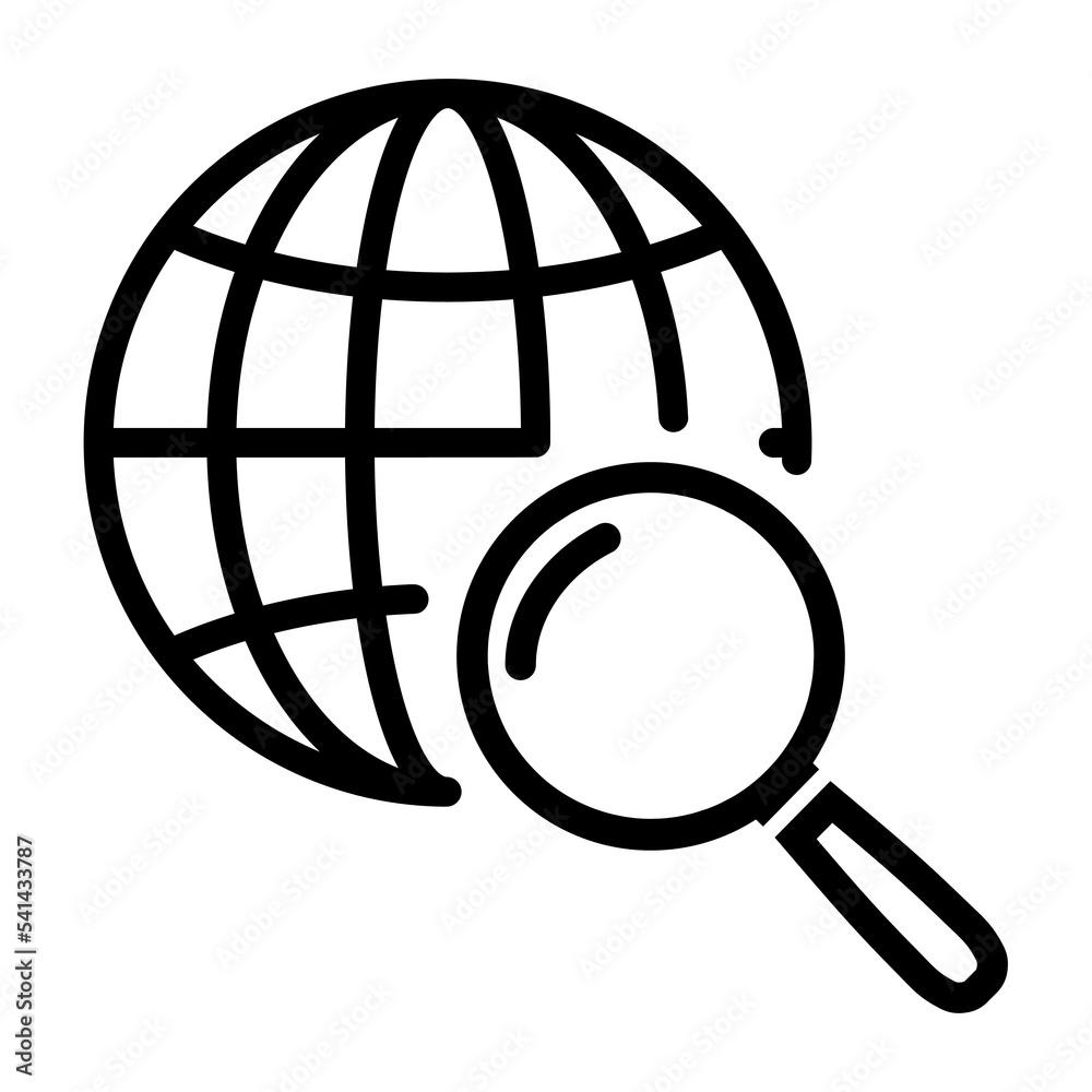 Global search line icon in flat style. Globe with magnifier symbol isolated on white background. Simple search line abstract icon in black. Vector illustration for graphic design, Web, UI, mobile app. Global search line icon in flat style. Globe with magnifier symbol isolated on white background. Simple search line abstract icon in black. Vector illustration for graphic design, Web, UI, mobile app.