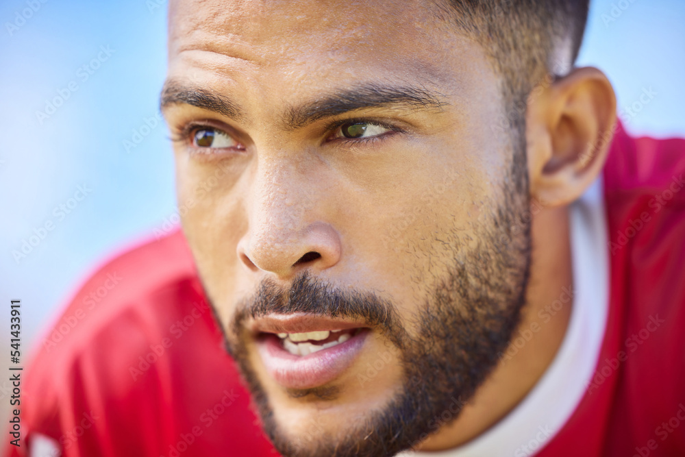 Sports, soccer and focus, portrait of man on mission to win a professional game. Fitness, football and motivation, face of young soccer player from Brazil with winner mindset during exercise training Sports, soccer and focus, portrait of man on mission to win a professional game. Fitness, football and motivation, face of young soccer player from Brazil with winner mindset during exercise training
