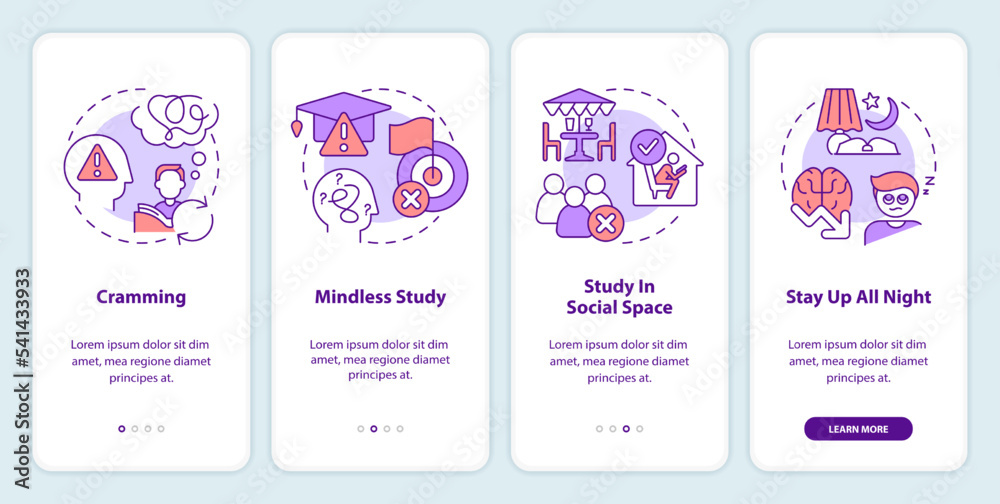 Worst ways to study onboarding mobile app screen. Ineffective learning walkthrough 4 steps editable graphic instructions with linear concepts. UI, UX, GUI template. Myriad Pro-Bold, Regular fonts used