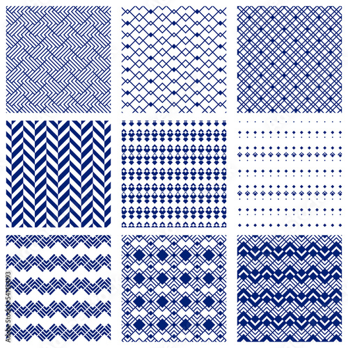 Set of simple geometrical seamless patterns in navy blue and white colors. Abstract vector illustration for wallpaper, flyer, cover, banner, design template minimalistic ornament. Eps 10