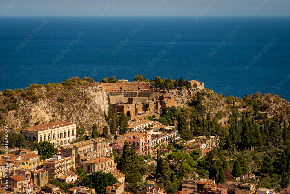 Photo from the viewpoint of the Taormina Amphitheater and the Mediterranean Sea. Sunny afternoon. Sicily. Italy