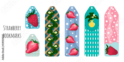 Set of 6 colorful bookmarks templates with strawberry illustration. Flat cute bookmarks design for baby. Isolated on white background.	
