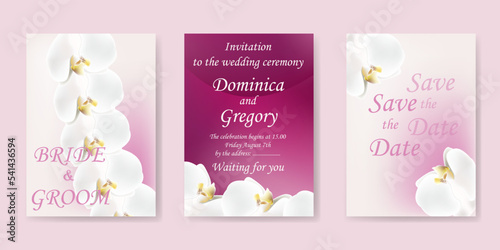 Luxury floristic wedding invitation design or greeting card template with flowers orchids in a frame, wedding card - vector illustration, eps