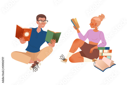 Bookcrossing with Happy Man and Woman Character with Borrowed Paper Book Vector Set