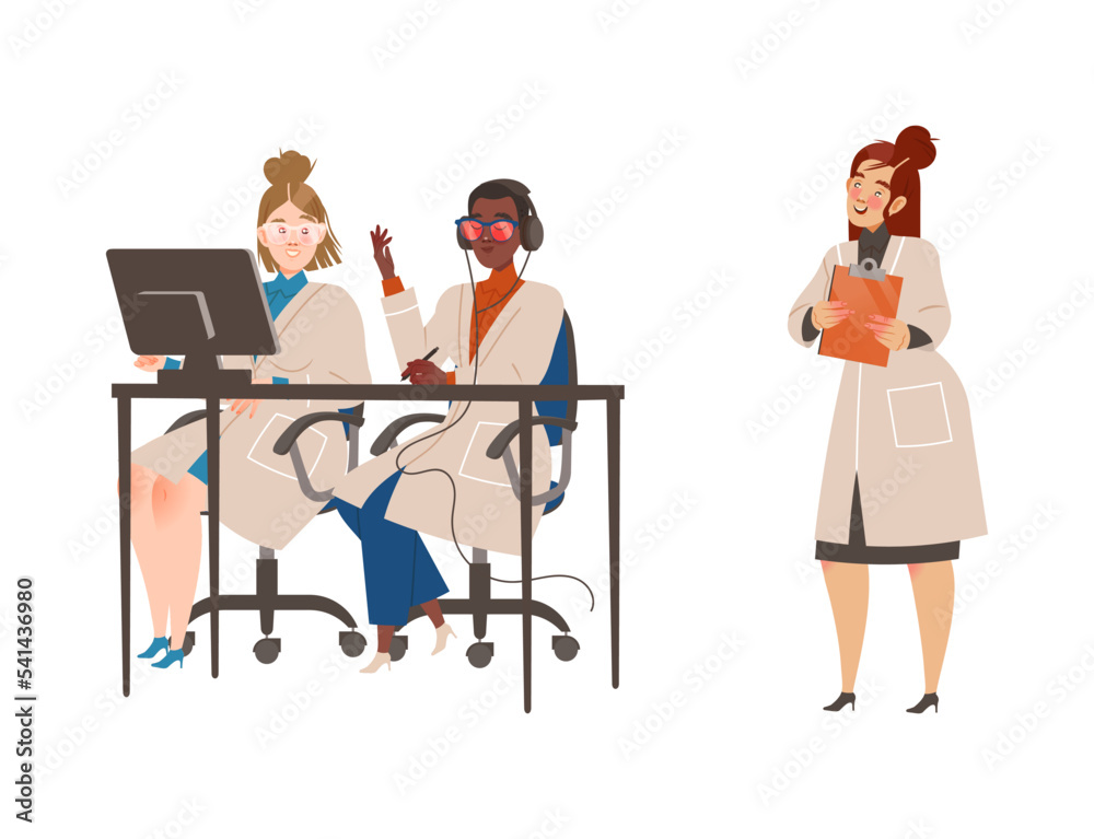 Woman Scientist Character Conducting Scientific Research Vector Illustration Set