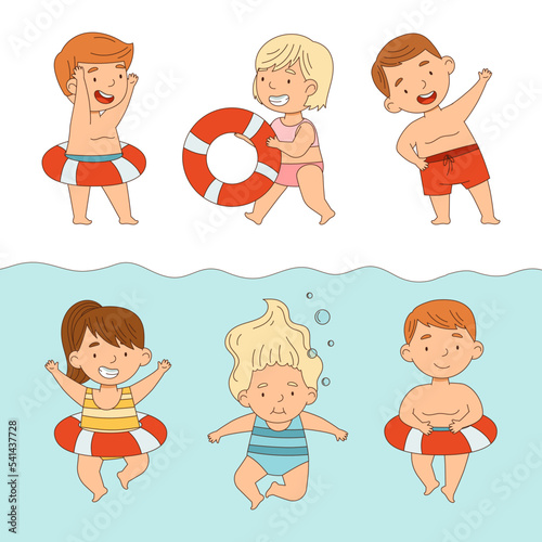 Cute little boys and girls in swimwear swimming and having fun on beach cartoon vector