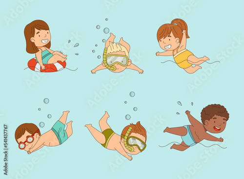 Cute little boys and girls in swimwear swimming and diving set cartoon vector