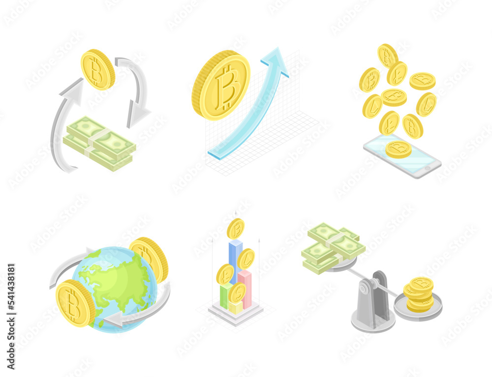 Virtual crypto currency symbols set. Digital money transferring, cryptocurrency exchange technology vector illustration Virtual crypto currency symbols set. Digital money transferring, cryptocurrency exchange technology vector illustration