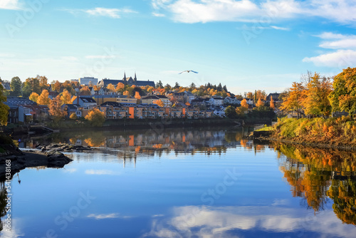 Autumn in Trondheim, view of the river Nidelva and park Gloeshaugen
