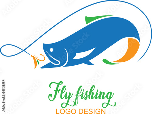Fly fishing logo design isolated on a white background.