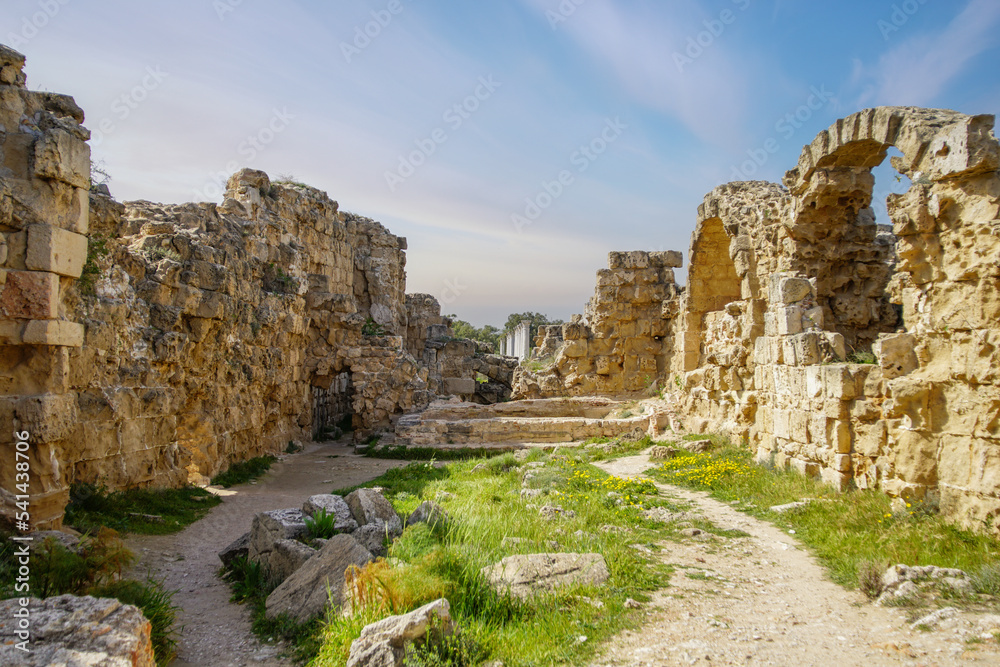 View of salamis ruins in Famagusta with clouds. Cyprus